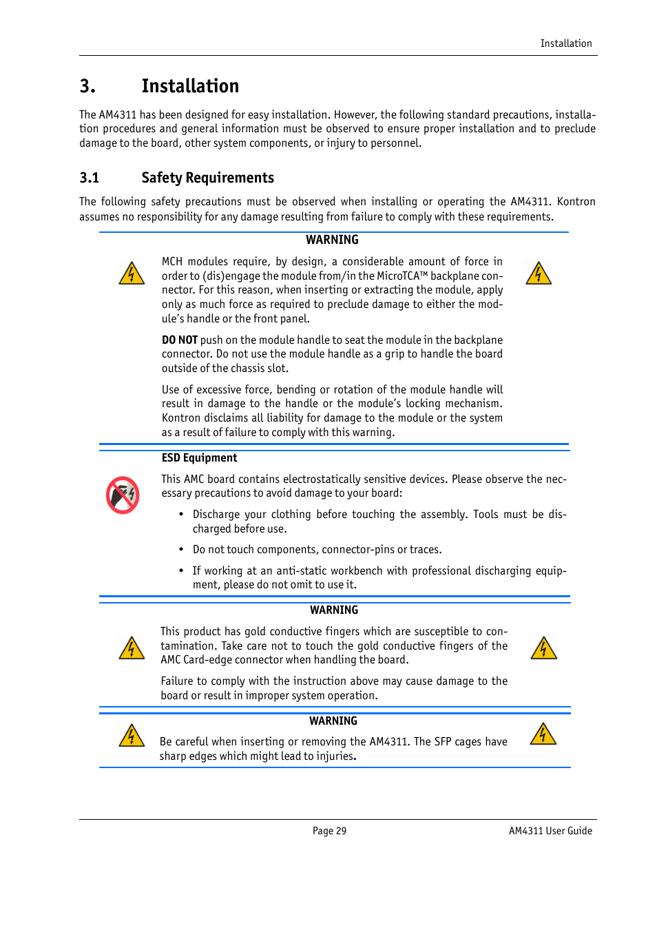 Installation, 1 safety requirements | Kontron AM4311 User Manual | Page 44 / 48
