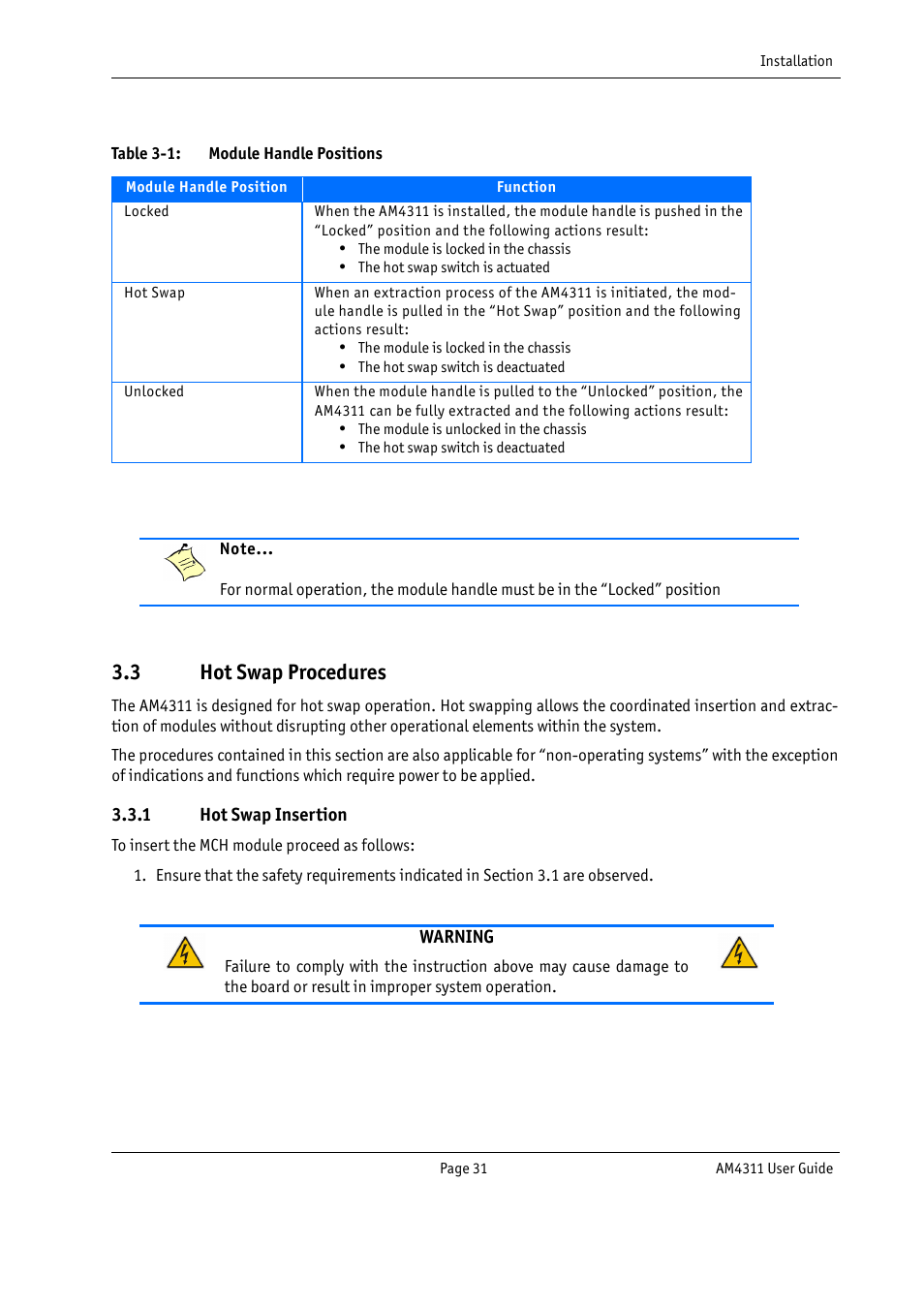 3 hot swap procedures, Hot swap insertion, Table 3-1 | Module handle positions | Kontron AM4311 User Manual | Page 46 / 48