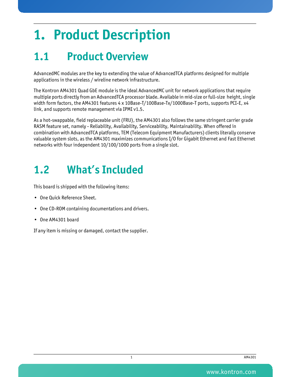 Product description, 1 product overview, 2 what’s included | 1 product overview 1.2 what’s included | Kontron AM4301 User Manual | Page 13 / 30