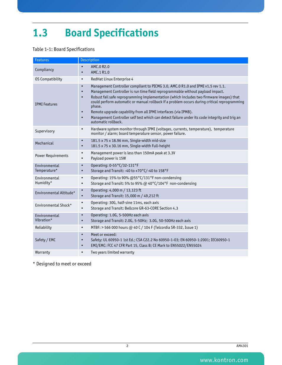 3 board specifications, Table 1-1 board specifications | Kontron AM4301 User Manual | Page 14 / 30