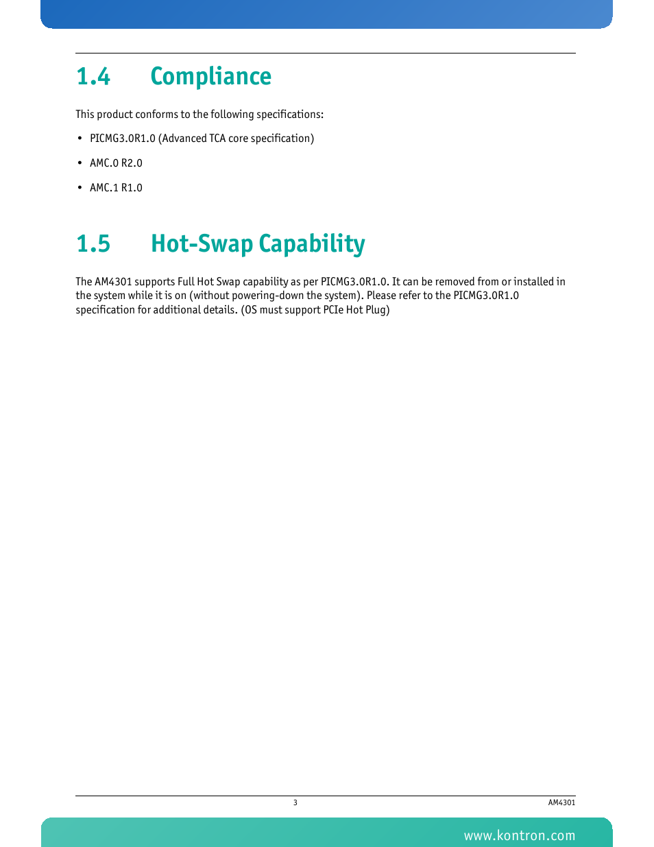 4 compliance, 5 hot-swap capability, 4 compliance 1.5 hot-swap capability | Kontron AM4301 User Manual | Page 15 / 30