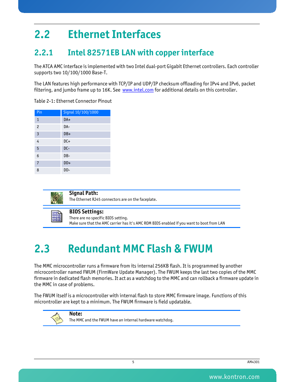 2 ethernet interfaces, 1 intel 82571eb lan with copper interface, 3 redundant mmc flash & fwum | Intel 82571eb lan with copper interface, Table 2-1 ethernet connector pinout | Kontron AM4301 User Manual | Page 17 / 30