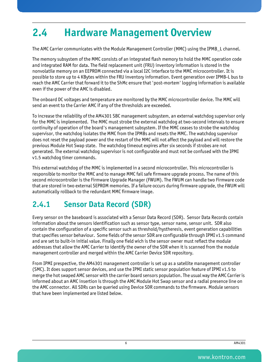 4 hardware management overview, 1 sensor data record (sdr), Sensor data record (sdr) | Kontron AM4301 User Manual | Page 18 / 30