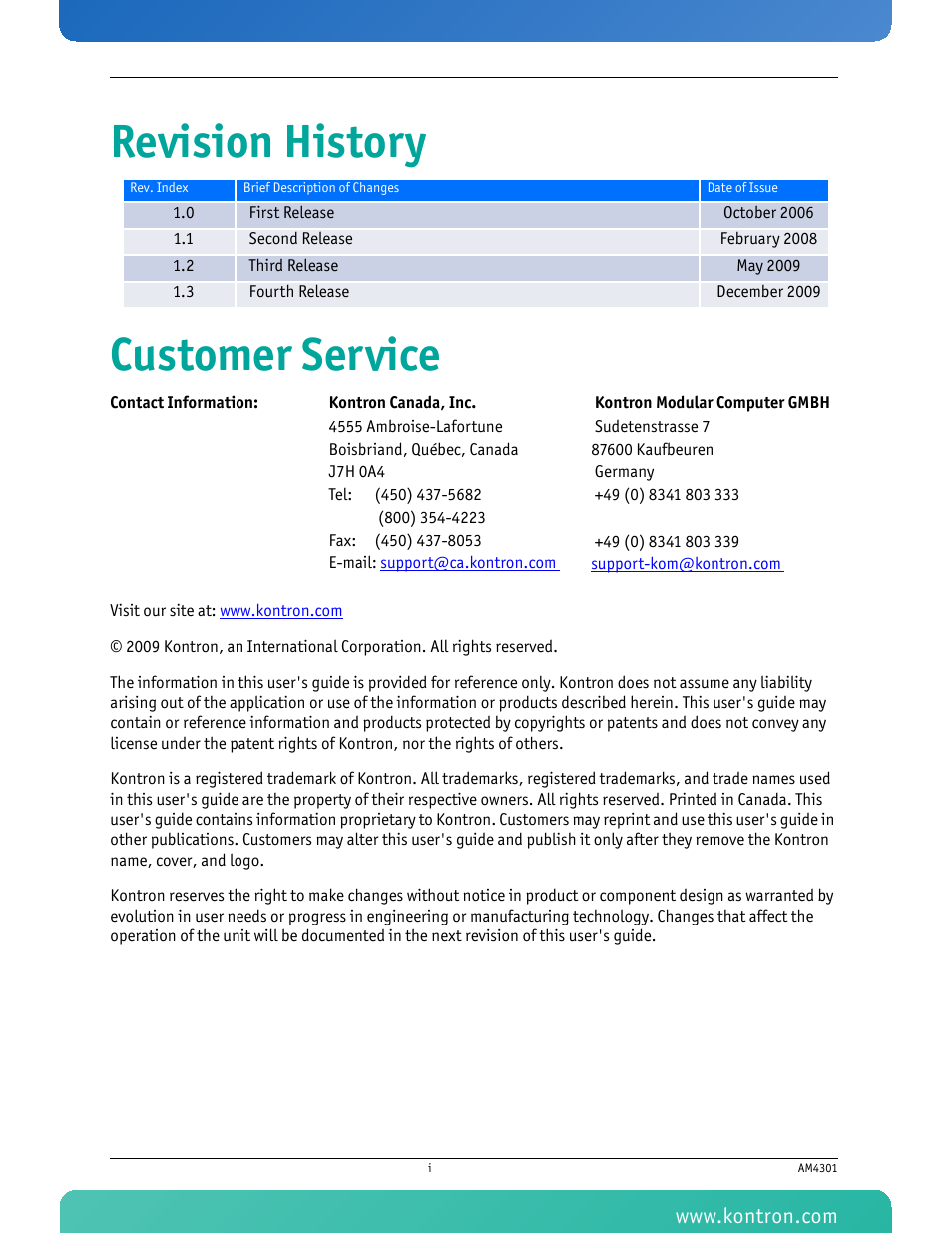 Revision history customer service | Kontron AM4301 User Manual | Page 2 / 30