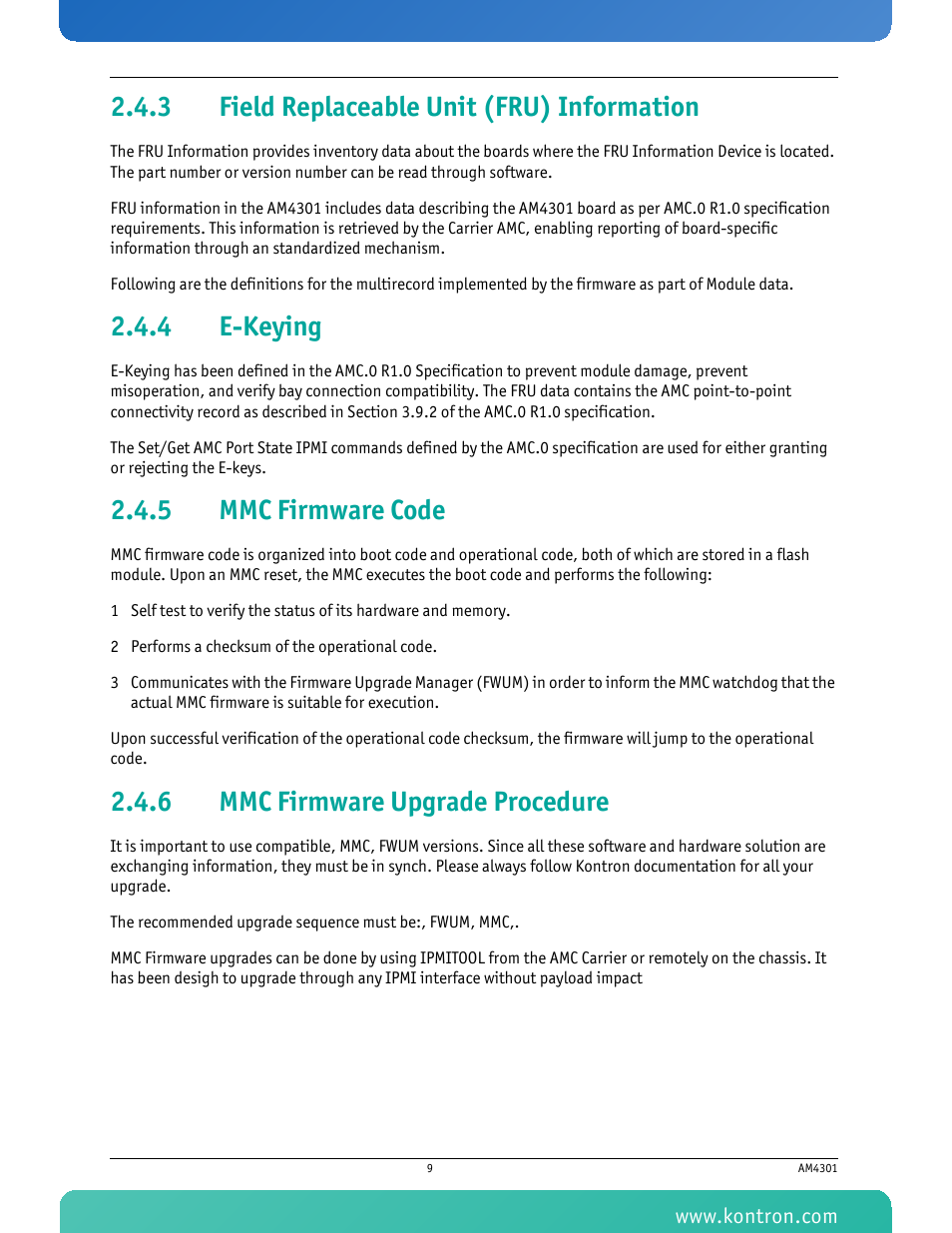 3 field replaceable unit (fru) information, 4 e-keying, 5 mmc firmware code | 6 mmc firmware upgrade procedure, Field replaceable unit (fru) information, E-keying, Mmc firmware code, Mmc firmware upgrade procedure | Kontron AM4301 User Manual | Page 21 / 30