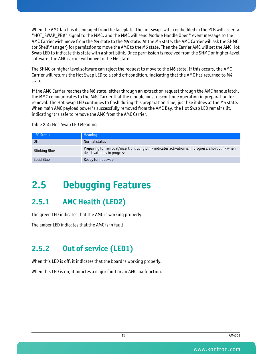 5 debugging features, 1 amc health (led2), 2 out of service (led1) | Amc health (led2), Out of service (led1), Table 2-4 hot-swap led meaning | Kontron AM4301 User Manual | Page 23 / 30