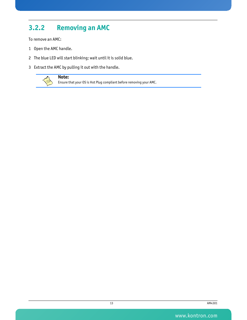 2 removing an amc, Removing an amc | Kontron AM4301 User Manual | Page 25 / 30