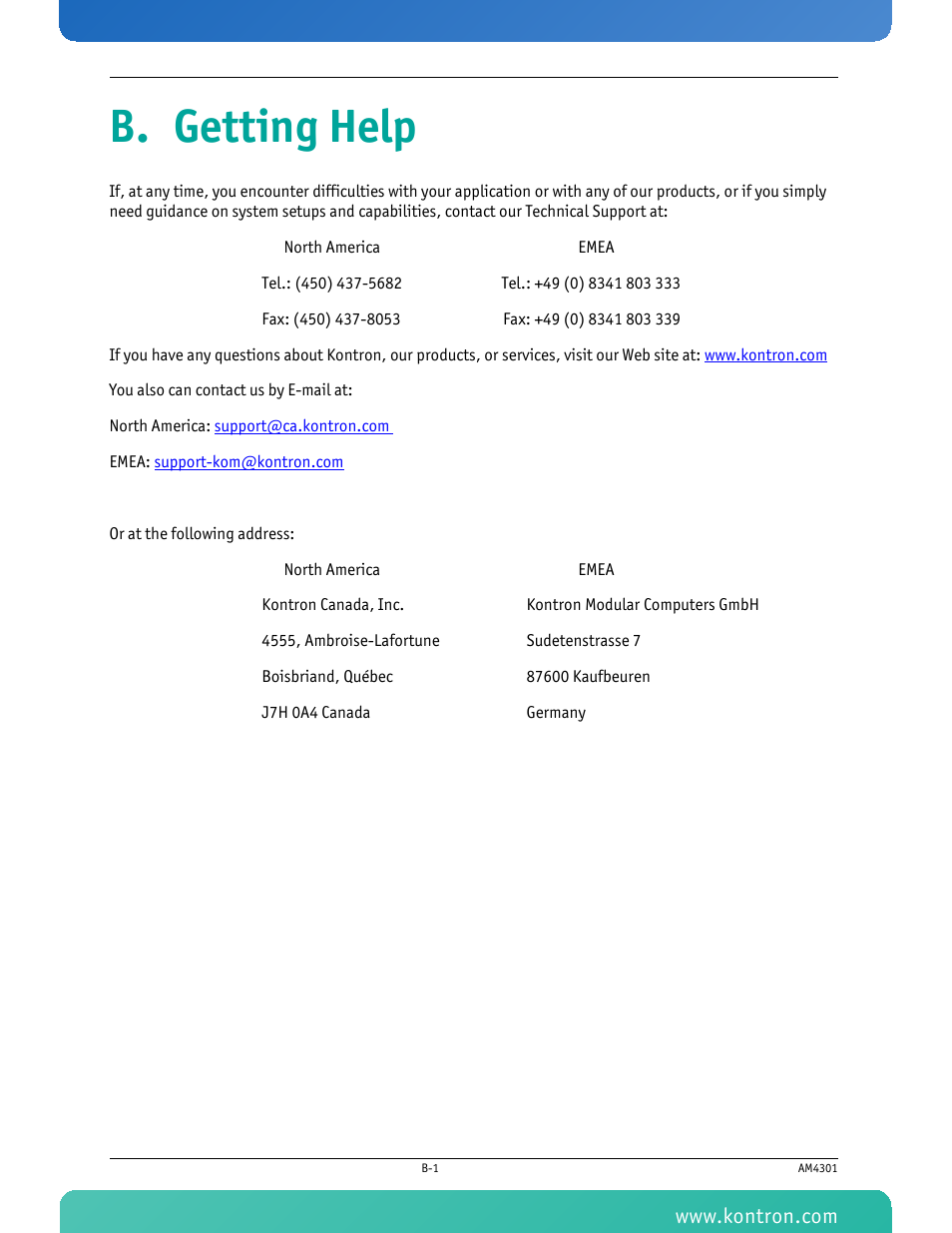 B. getting help | Kontron AM4301 User Manual | Page 28 / 30