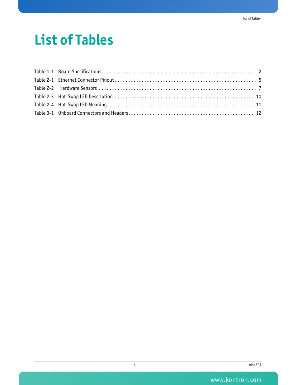 List of tables | Kontron AM4301 User Manual | Page 6 / 30