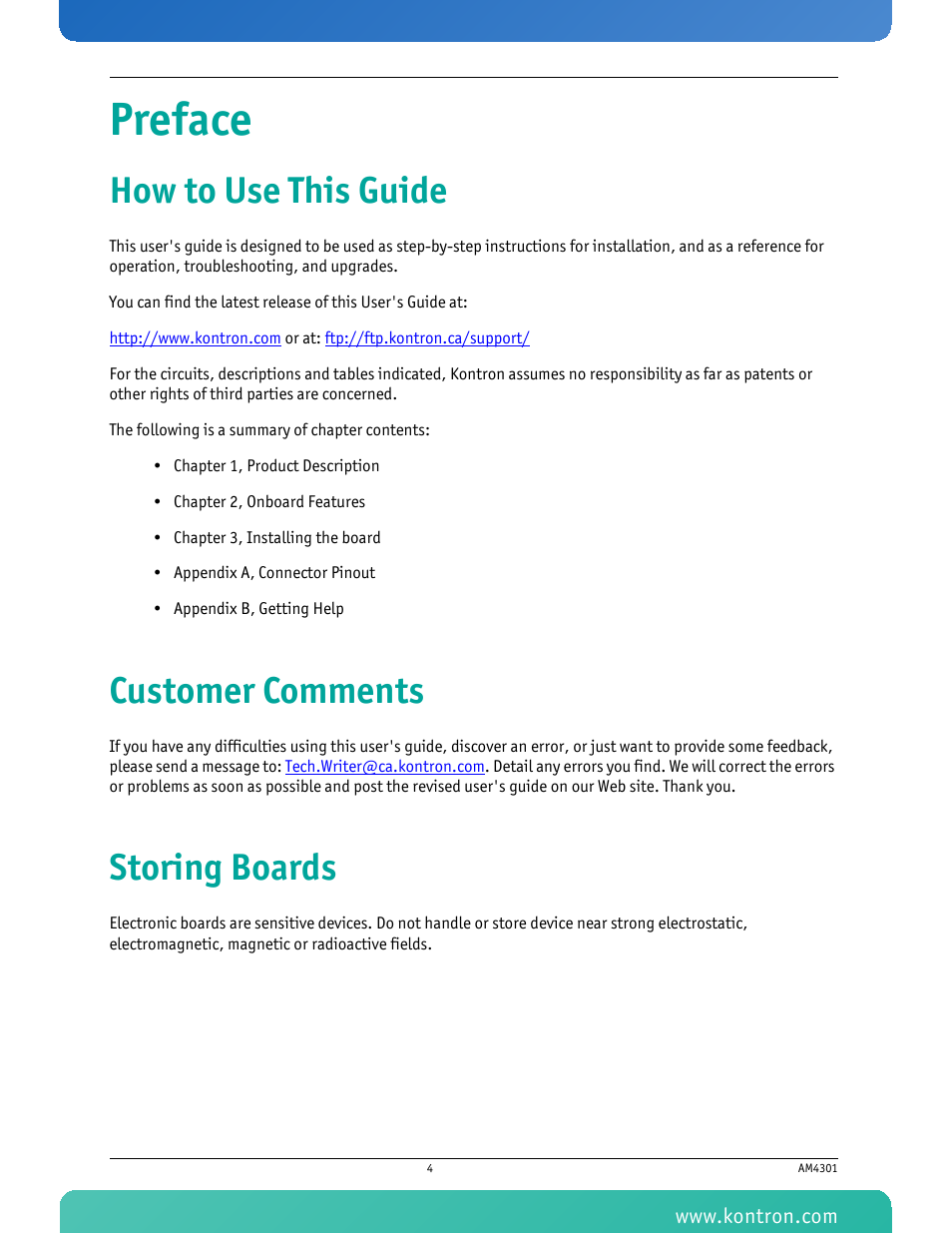 Preface, How to use this guide, Customer comments | Storing boards | Kontron AM4301 User Manual | Page 9 / 30