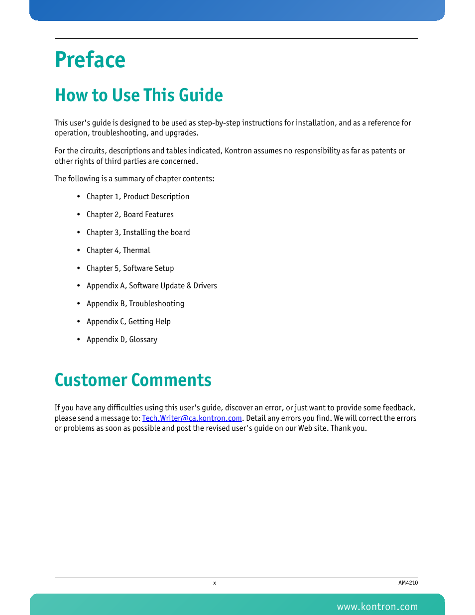 Preface, How to use this guide, Customer comments | Kontron AM4210 User Manual | Page 11 / 91