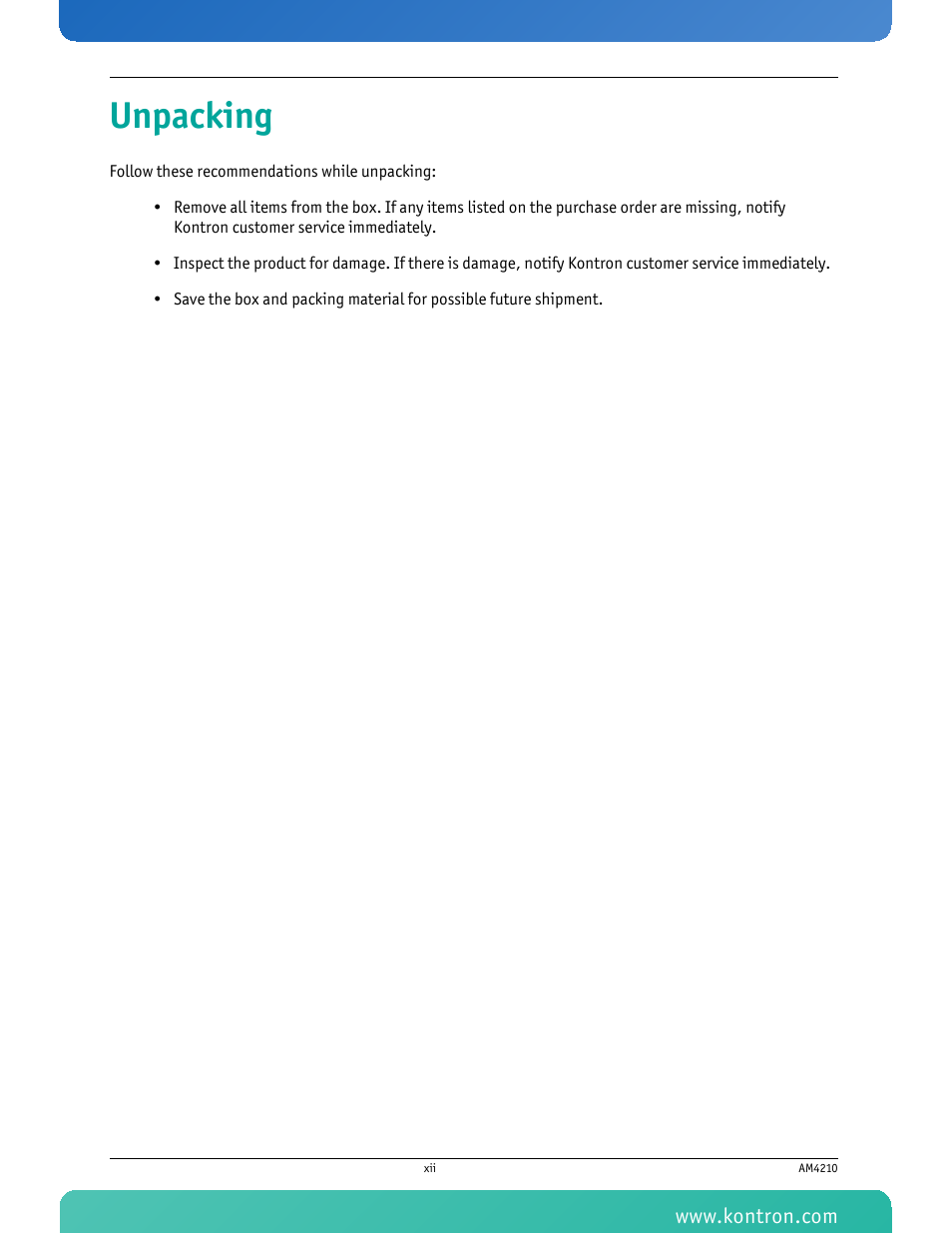 Unpacking | Kontron AM4210 User Manual | Page 13 / 91