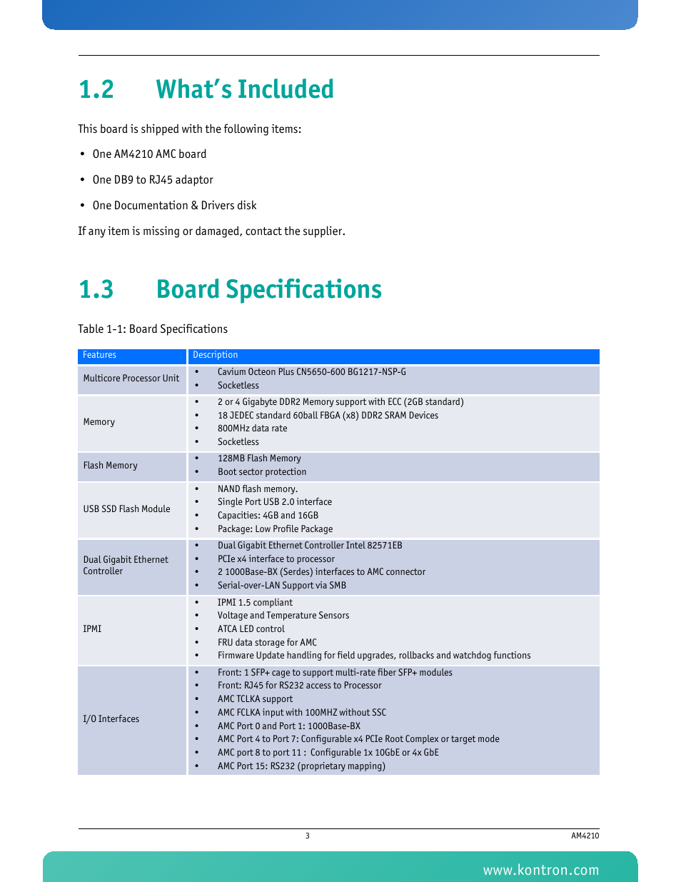 2 what’s included, 3 board specifications, 2 what’s included 1.3 board specifications | Table 1-1 board specifications | Kontron AM4210 User Manual | Page 18 / 91