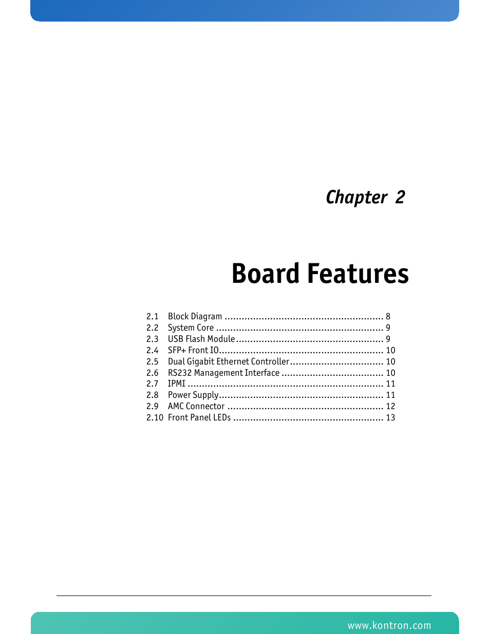 Board features, Chapter 2 | Kontron AM4210 User Manual | Page 22 / 91