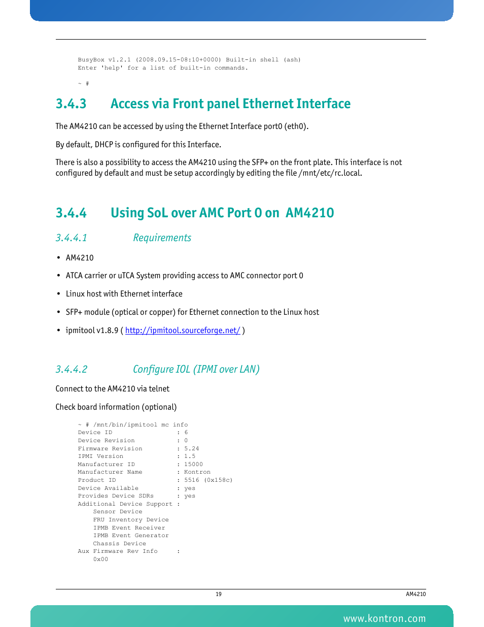 3 access via front panel ethernet interface, 4 using sol over amc port 0 on am4210, 1 requirements | 2 configure iol (ipmi over lan), Access via front panel ethernet interface, Using sol over amc port 0 on am4210 | Kontron AM4210 User Manual | Page 34 / 91