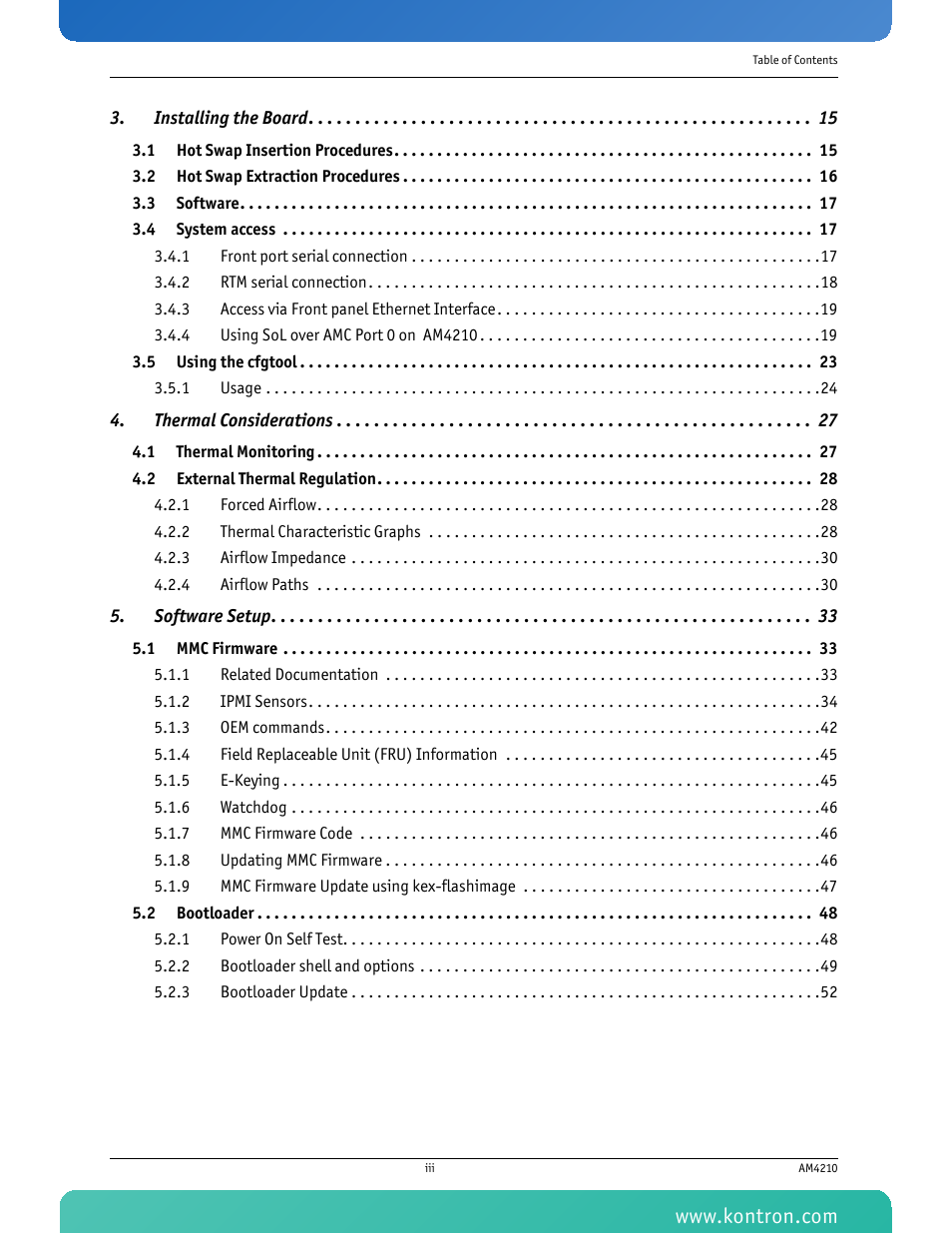 Installing the board 15, Thermal considerations 27, Software setup 33 | Kontron AM4210 User Manual | Page 4 / 91