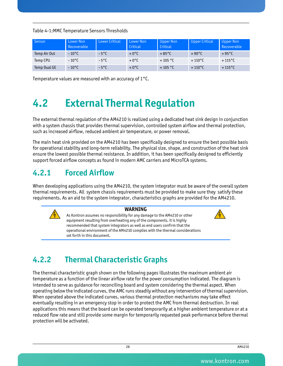 2 external thermal regulation, 1 forced airflow, 2 thermal characteristic graphs | Forced airflow, Thermal characteristic graphs, Table 4-1 mmc temperature sensors thresholds | Kontron AM4210 User Manual | Page 43 / 91