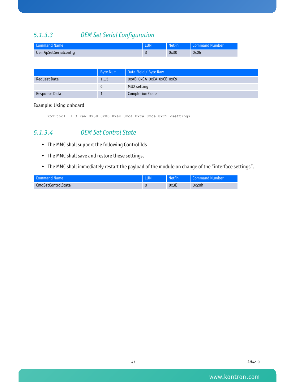 3 oem set serial configuration, 4 oem set control state | Kontron AM4210 User Manual | Page 58 / 91