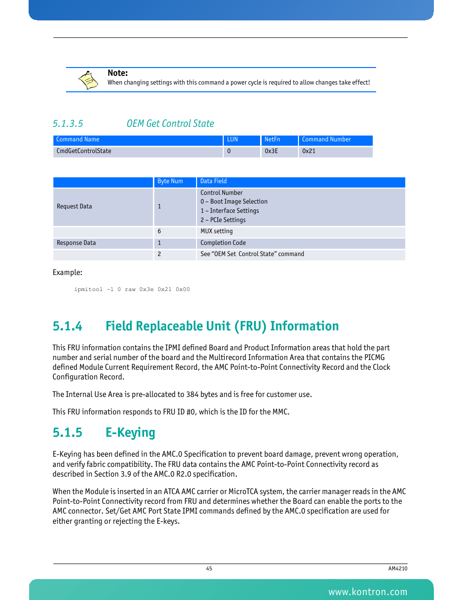 5 oem get control state, 4 field replaceable unit (fru) information, 5 e-keying | Field replaceable unit (fru) information, E-keying | Kontron AM4210 User Manual | Page 60 / 91