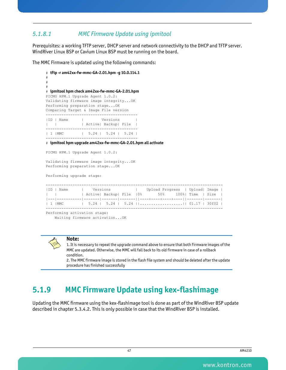 1 mmc firmware update using ipmitool, 9 mmc firmware update using kex-flashimage, Mmc firmware update using kex-flashimage | Kontron AM4210 User Manual | Page 62 / 91