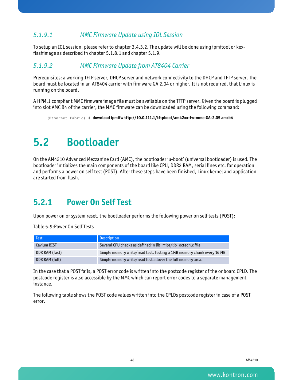 1 mmc firmware update using iol session, 2 mmc firmware update from at8404 carrier, 2 bootloader | 1 power on self test, Power on self test, Table 5-9 power on self tests | Kontron AM4210 User Manual | Page 63 / 91