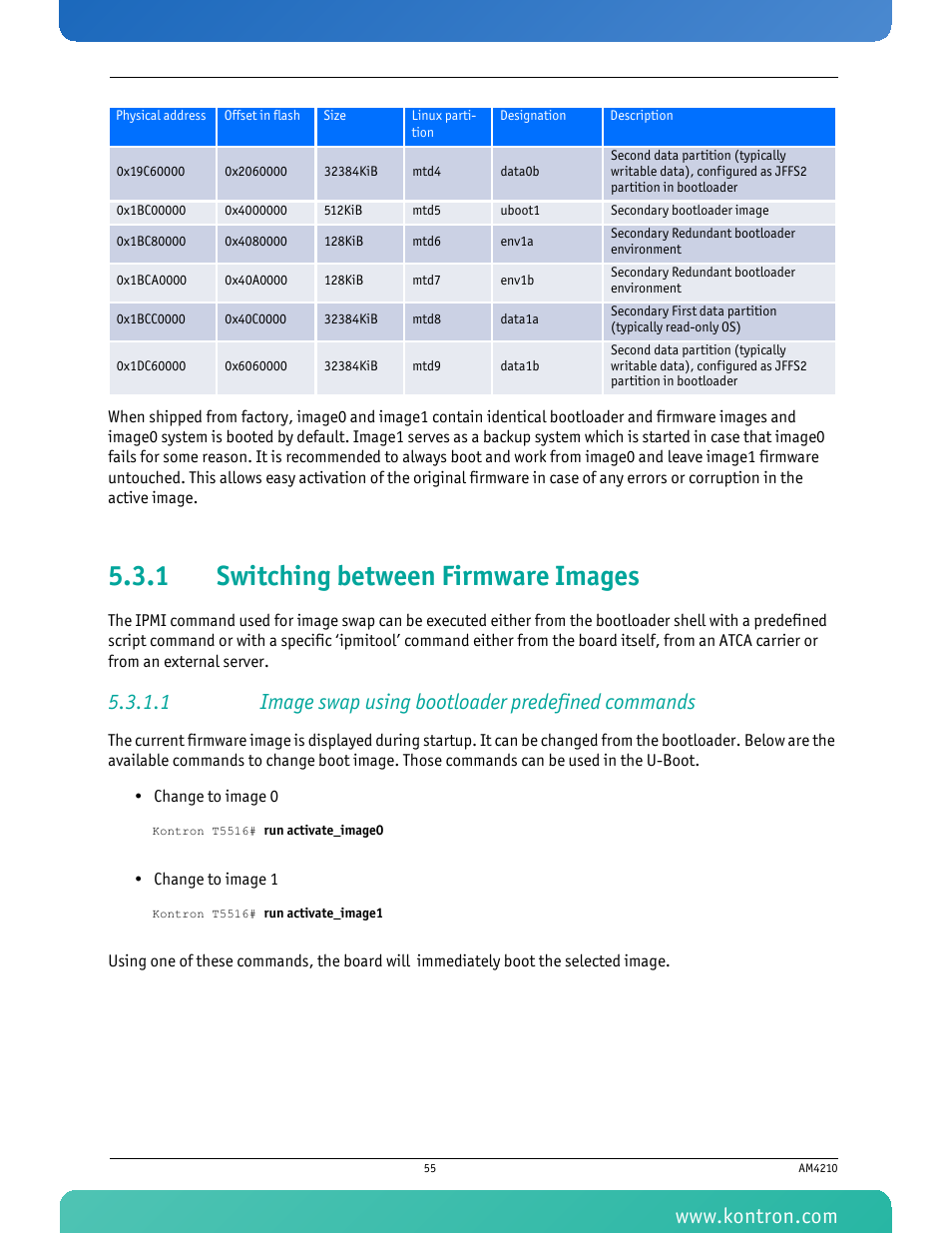 1 switching between firmware images, 1 image swap using bootloader predefined commands, Switching between firmware images | Kontron AM4210 User Manual | Page 70 / 91