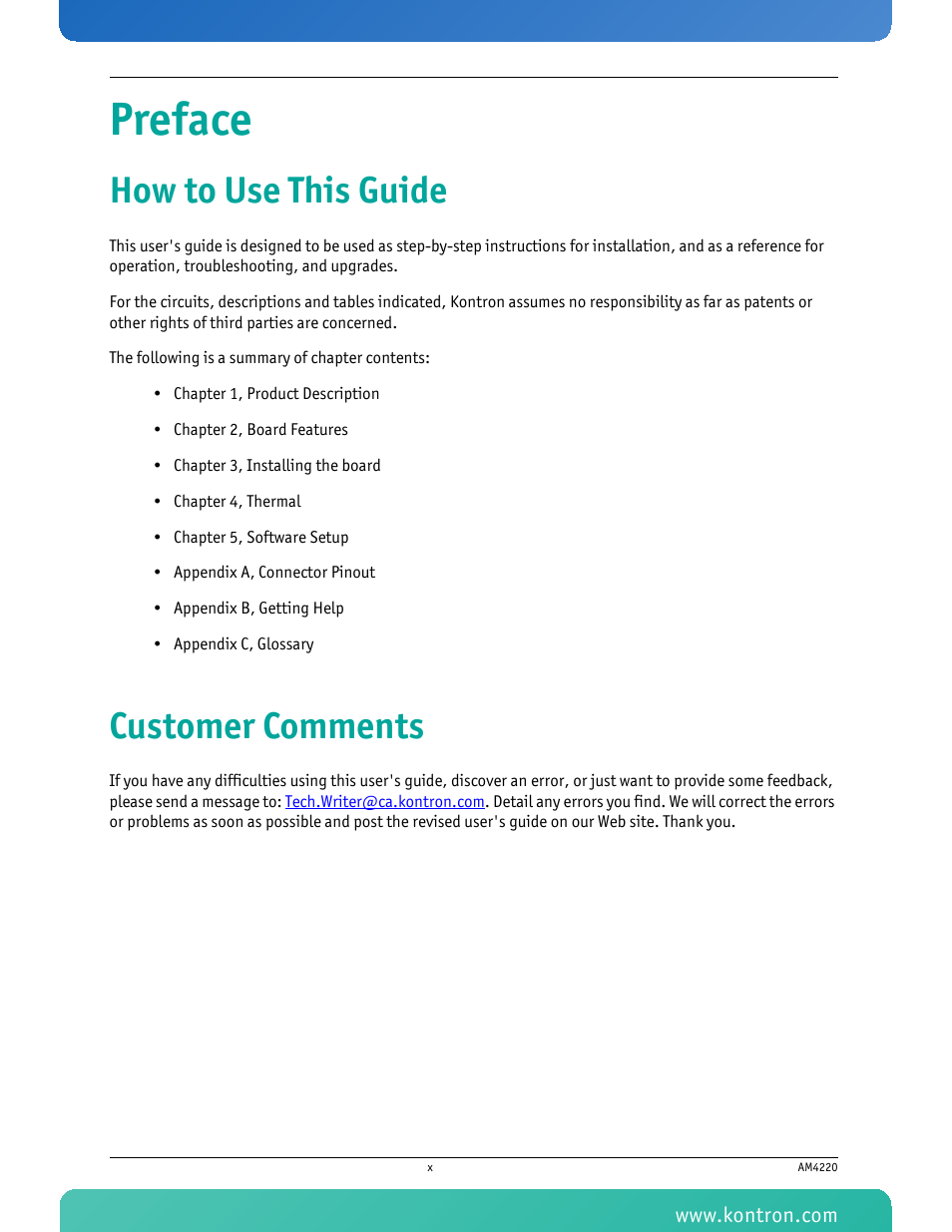 Preface, How to use this guide, Customer comments | Kontron AM4220 User Manual | Page 11 / 90