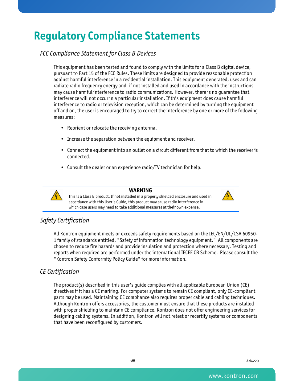 Regulatory compliance statements | Kontron AM4220 User Manual | Page 14 / 90