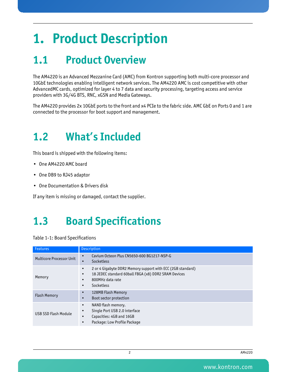 Product description, 1 product overview, 2 what’s included | 3 board specifications, Table 1-1 board specifications | Kontron AM4220 User Manual | Page 17 / 90