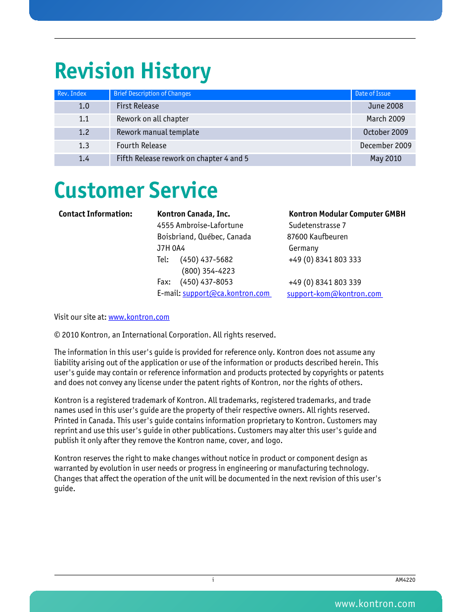 Revision history customer service | Kontron AM4220 User Manual | Page 2 / 90