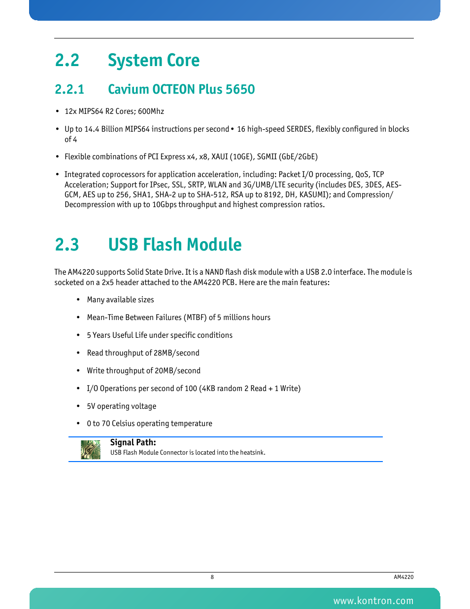 2 system core, 1 cavium octeon plus 5650, 3 usb flash module | Cavium octeon plus 5650, 2 system core 2.3 usb flash module | Kontron AM4220 User Manual | Page 23 / 90