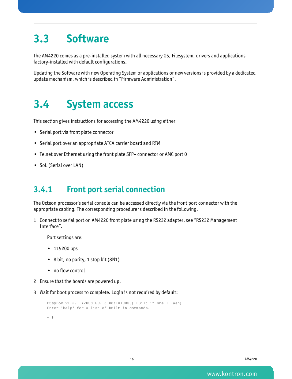 3 software, 4 system access, 1 front port serial connection | 3 software 3.4 system access, Front port serial connection | Kontron AM4220 User Manual | Page 31 / 90