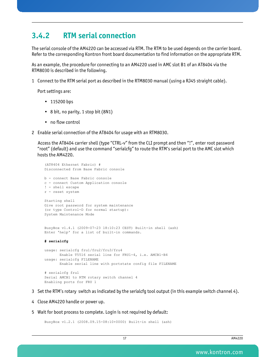 2 rtm serial connection, Rtm serial connection | Kontron AM4220 User Manual | Page 32 / 90