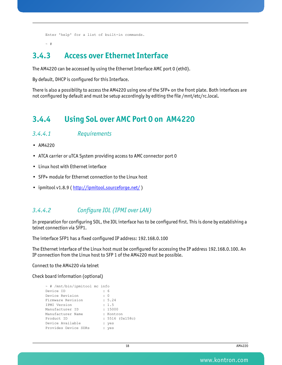 3 access over ethernet interface, 4 using sol over amc port 0 on am4220, 1 requirements | 2 configure iol (ipmi over lan), Access over ethernet interface, Using sol over amc port 0 on am4220 | Kontron AM4220 User Manual | Page 33 / 90