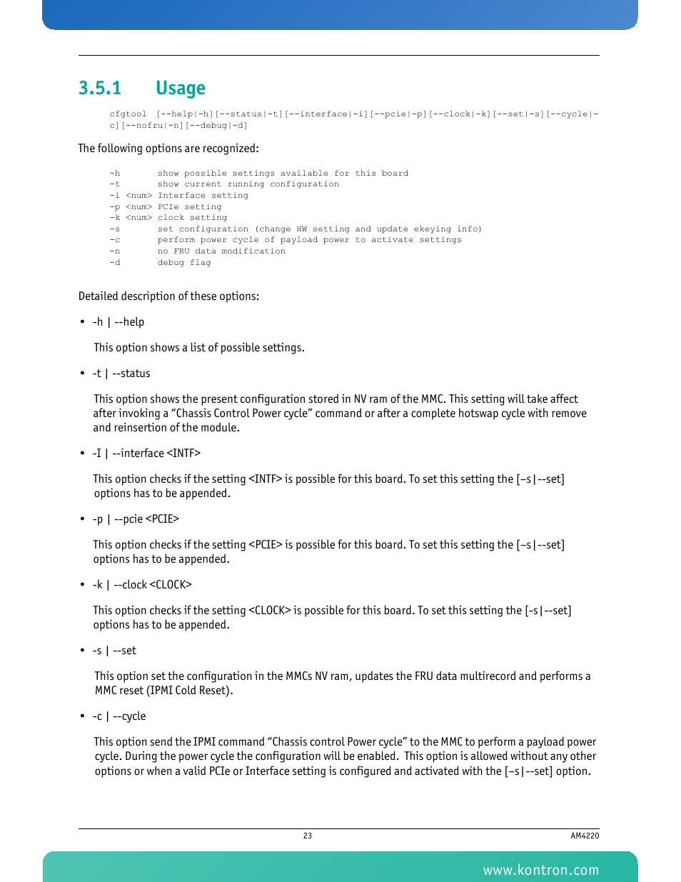 1 usage, Usage | Kontron AM4220 User Manual | Page 38 / 90