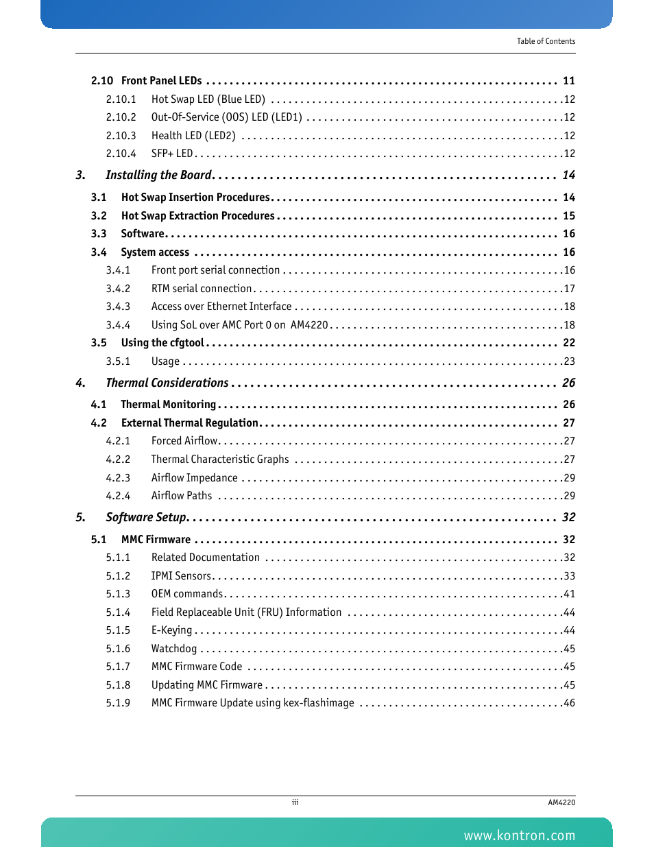 Installing the board 14, Thermal considerations 26, Software setup 32 | Kontron AM4220 User Manual | Page 4 / 90