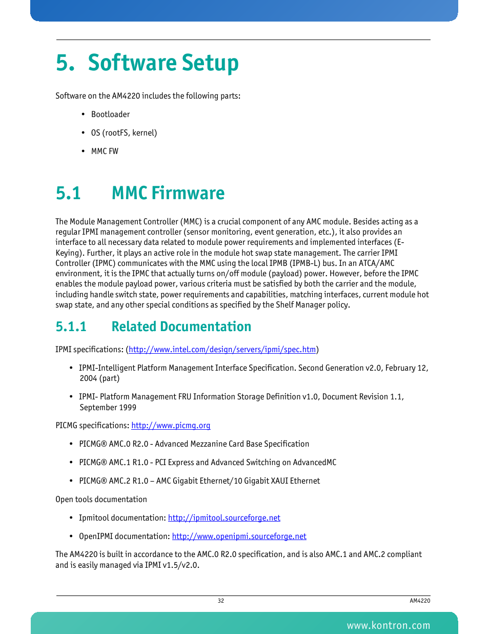 Software setup, 1 mmc firmware, 1 related documentation | Related documentation | Kontron AM4220 User Manual | Page 47 / 90