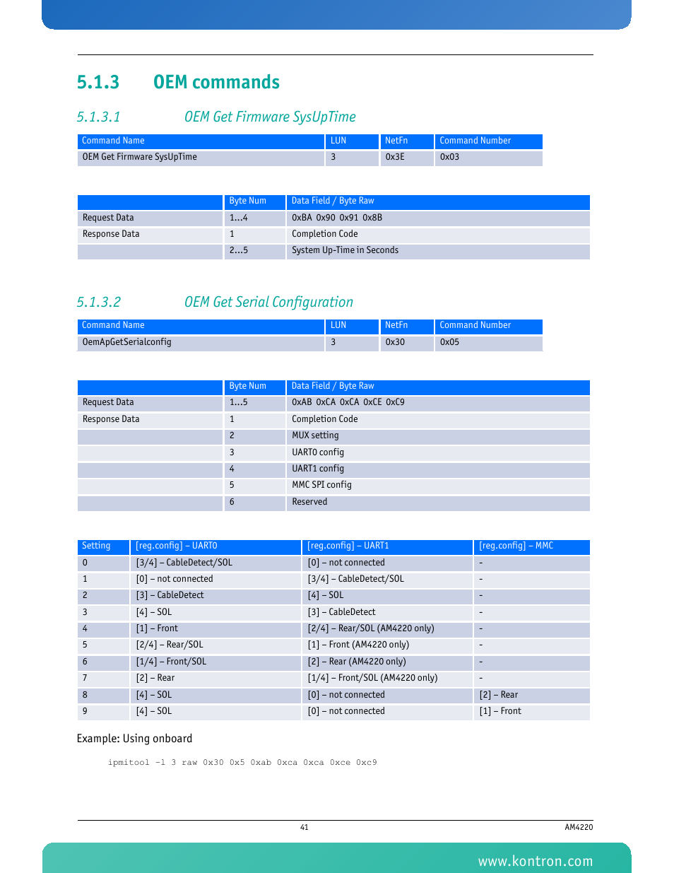 3 oem commands, 1 oem get firmware sysuptime, 2 oem get serial configuration | Oem commands | Kontron AM4220 User Manual | Page 56 / 90