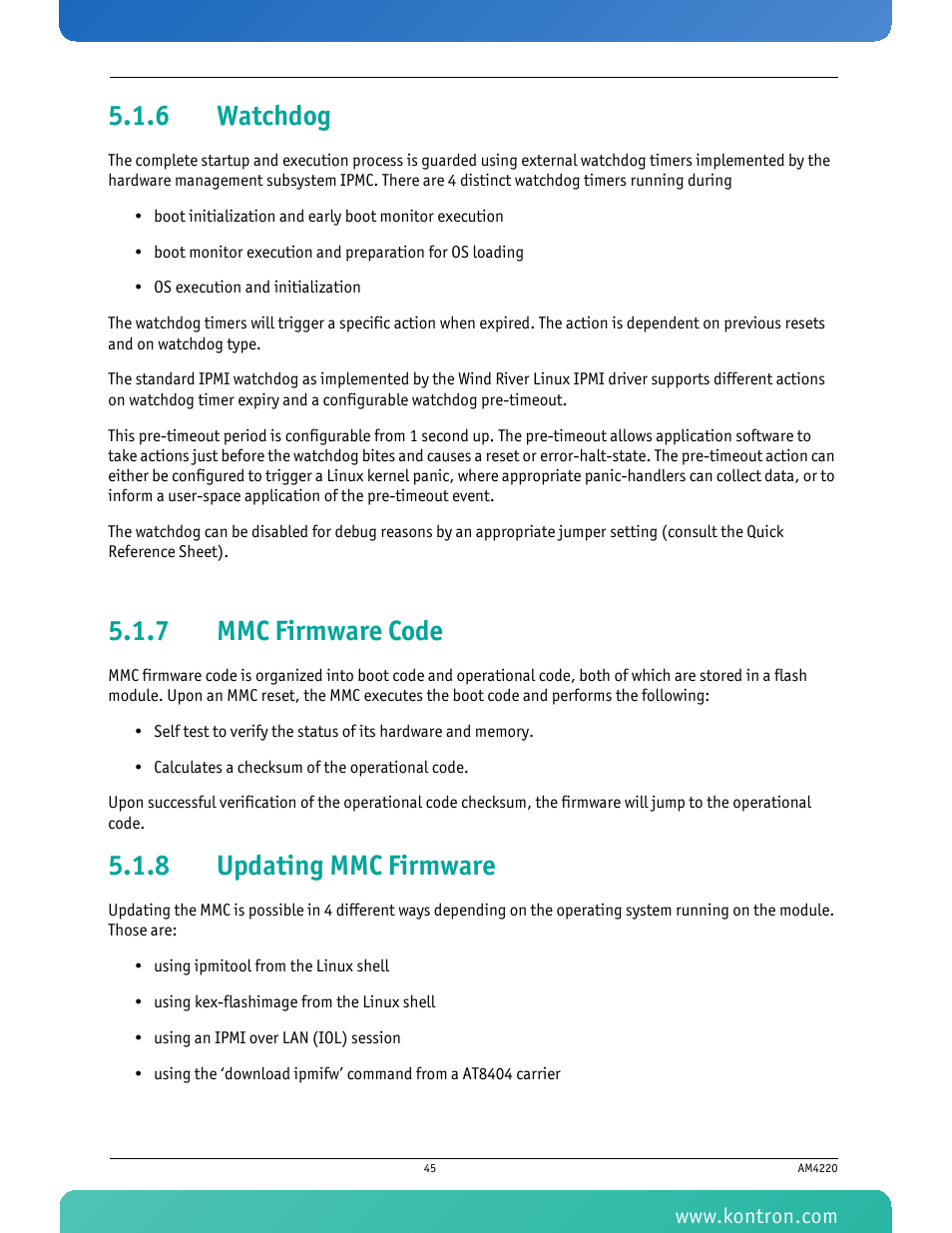 6 watchdog, 7 mmc firmware code, 8 updating mmc firmware | Watchdog, Mmc firmware code, Updating mmc firmware | Kontron AM4220 User Manual | Page 60 / 90