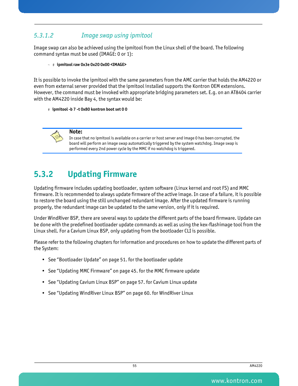 2 image swap using ipmitool, 2 updating firmware, Updating firmware | Kontron AM4220 User Manual | Page 70 / 90