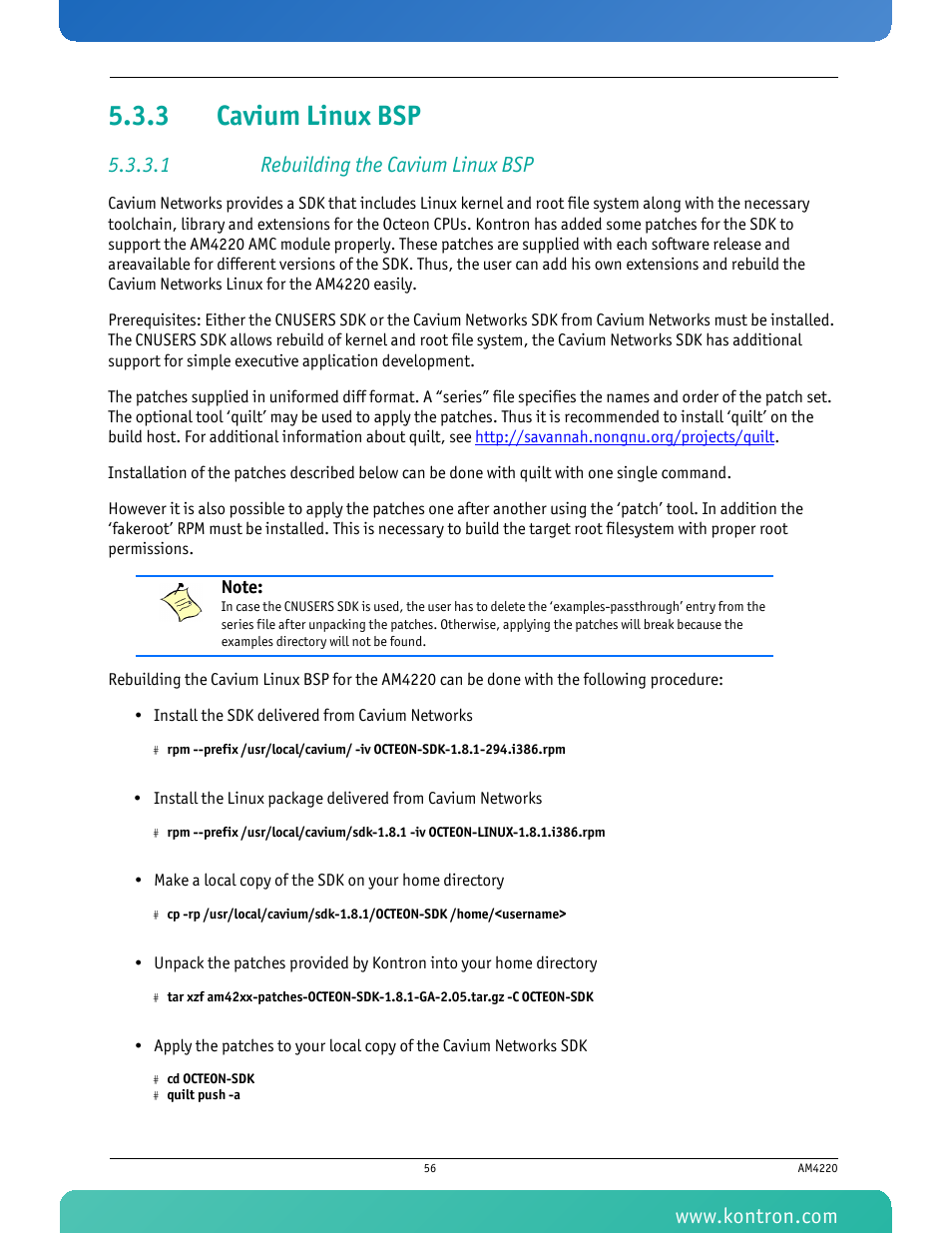 3 cavium linux bsp, 1 rebuilding the cavium linux bsp, Cavium linux bsp | Kontron AM4220 User Manual | Page 71 / 90