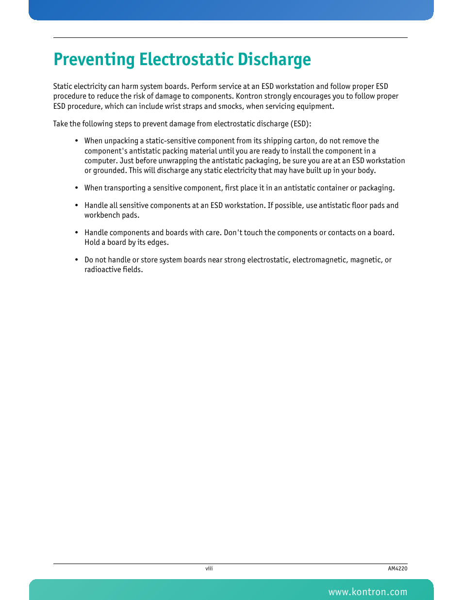 Preventing electrostatic discharge | Kontron AM4220 User Manual | Page 9 / 90