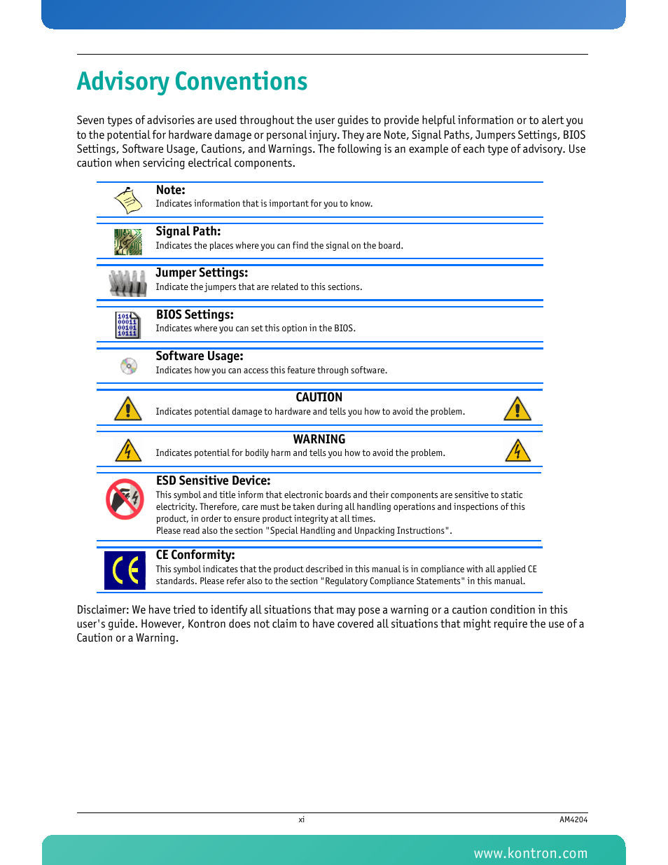 Advisory conventions | Kontron AM4204 User Manual | Page 12 / 89