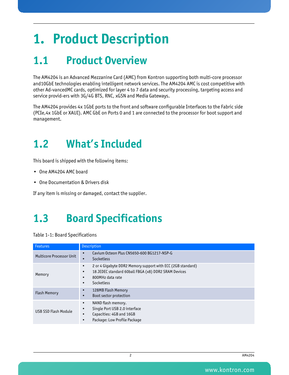 Product description, 1 product overview, 2 what’s included | 3 board specifications, Table 1-1 board specifications | Kontron AM4204 User Manual | Page 17 / 89