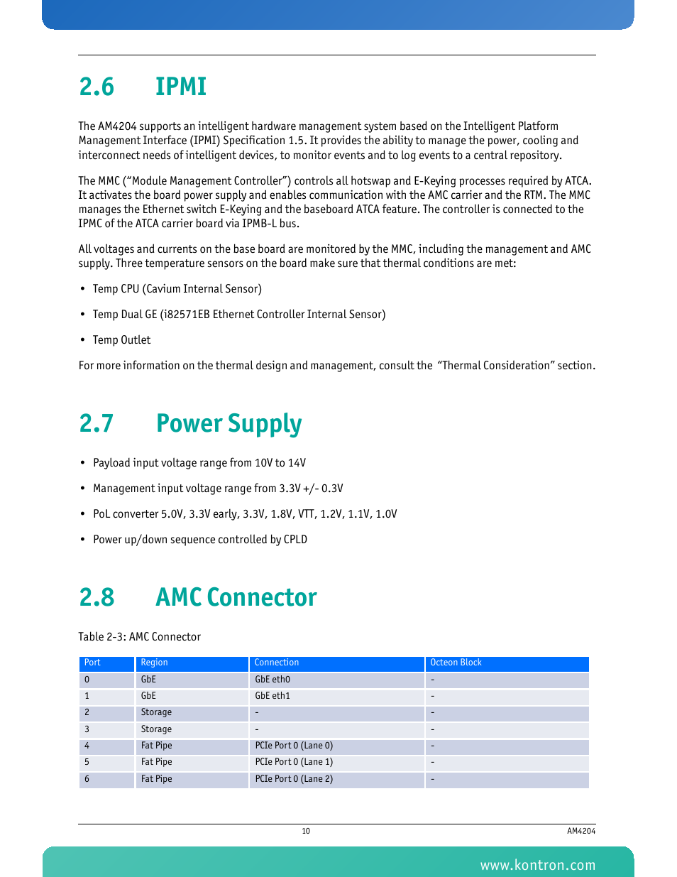 6 ipmi, 7 power supply, 8 amc connector | 6 ipmi 2.7 power supply 2.8 amc connector, Table 2-3 amc connector | Kontron AM4204 User Manual | Page 25 / 89