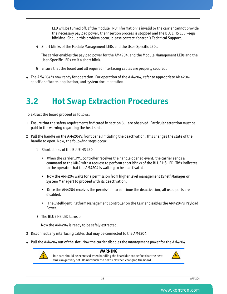 2 hot swap extraction procedures | Kontron AM4204 User Manual | Page 30 / 89
