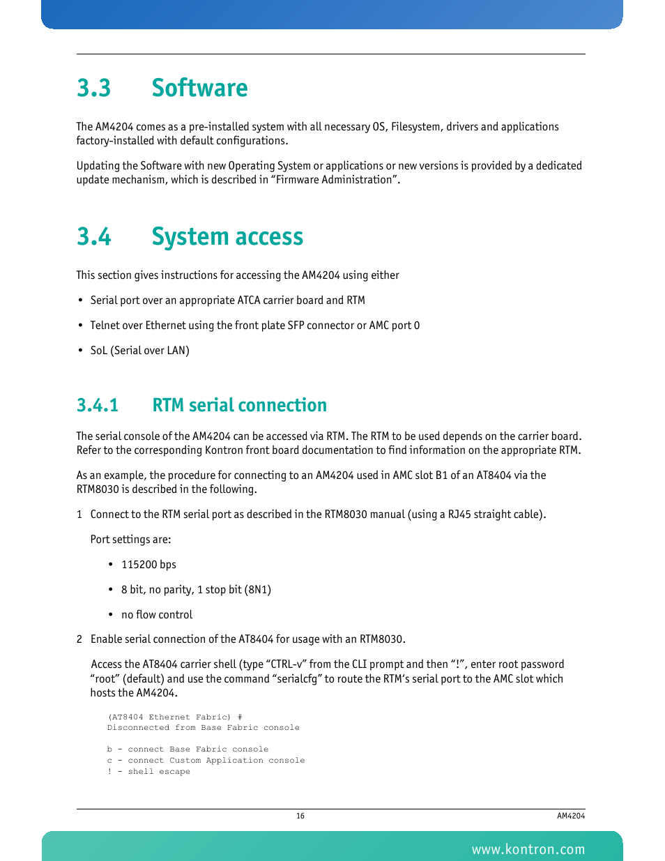 3 software, 4 system access, 1 rtm serial connection | 3 software 3.4 system access, Rtm serial connection | Kontron AM4204 User Manual | Page 31 / 89