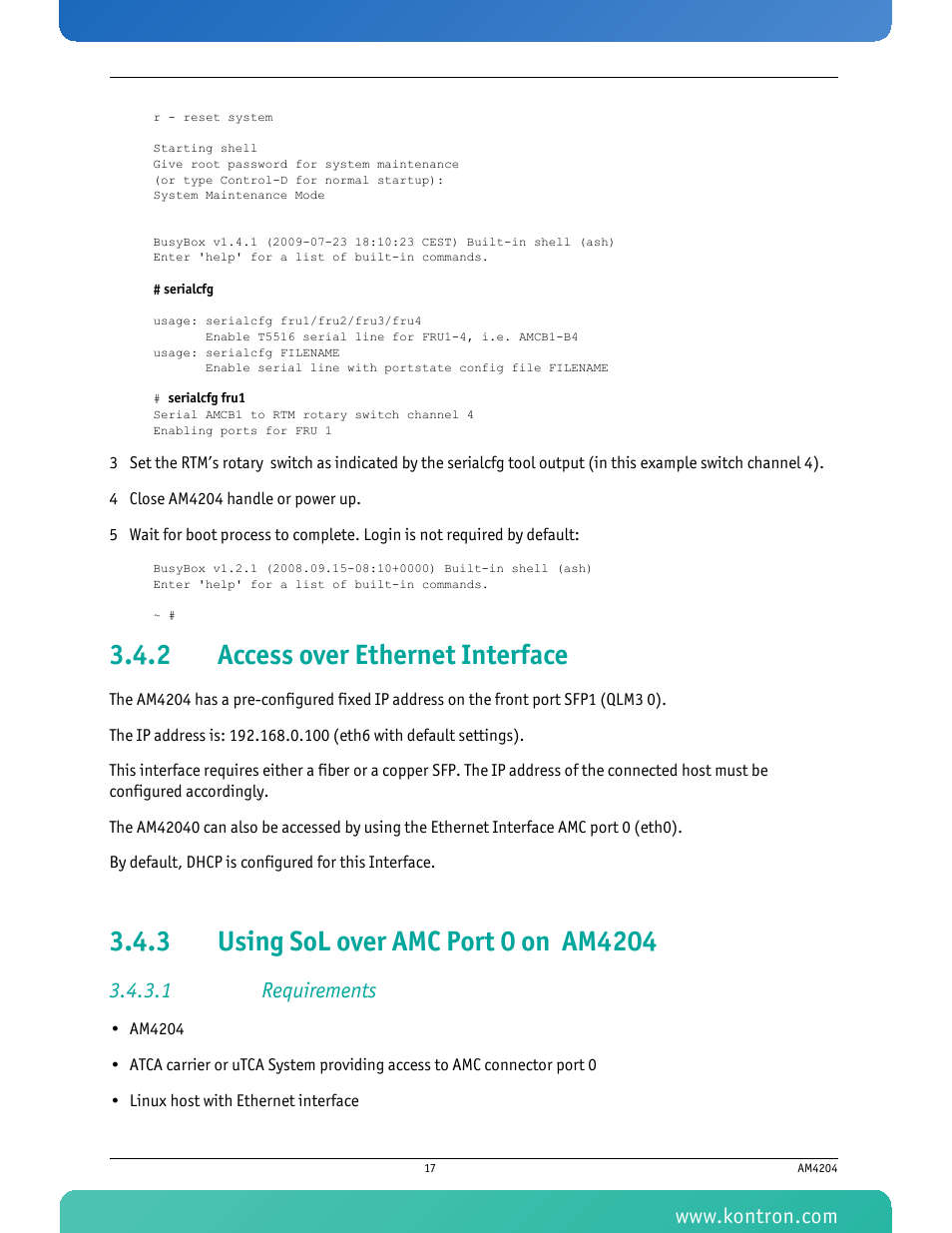 2 access over ethernet interface, 3 using sol over amc port 0 on am4204, 1 requirements | Access over ethernet interface, Using sol over amc port 0 on am4204 | Kontron AM4204 User Manual | Page 32 / 89