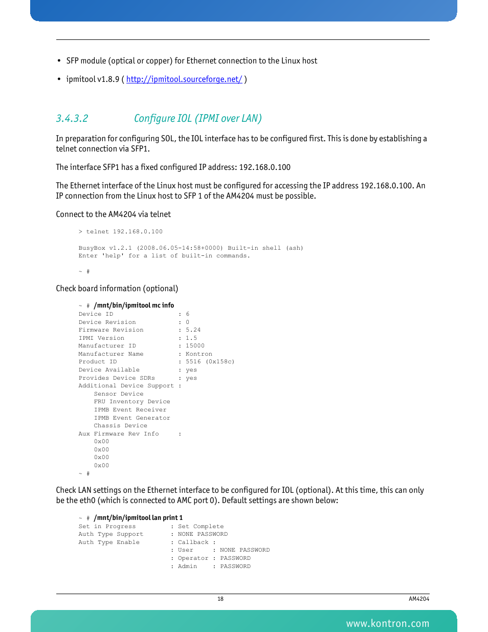 2 configure iol (ipmi over lan) | Kontron AM4204 User Manual | Page 33 / 89