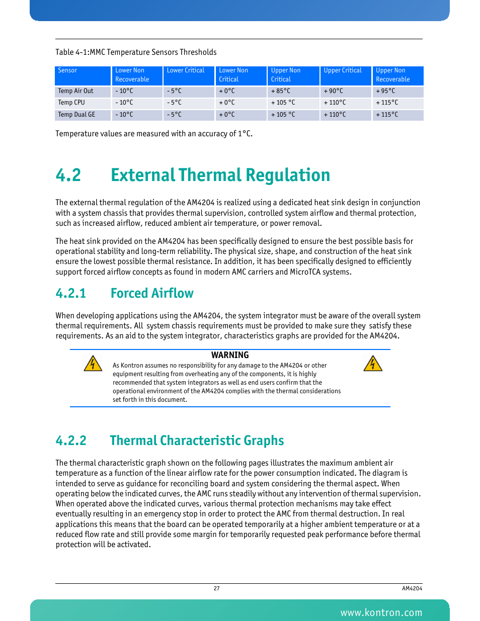 2 external thermal regulation, 1 forced airflow, 2 thermal characteristic graphs | Forced airflow, Thermal characteristic graphs, Table 4-1 mmc temperature sensors thresholds | Kontron AM4204 User Manual | Page 42 / 89